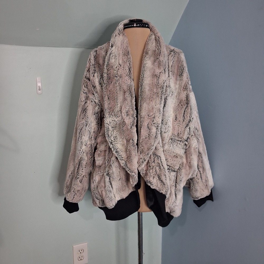 Pandemonium Seattle Faux Fur Jacket Grey Mauve Hand Sewn Shawl Collar Oversized